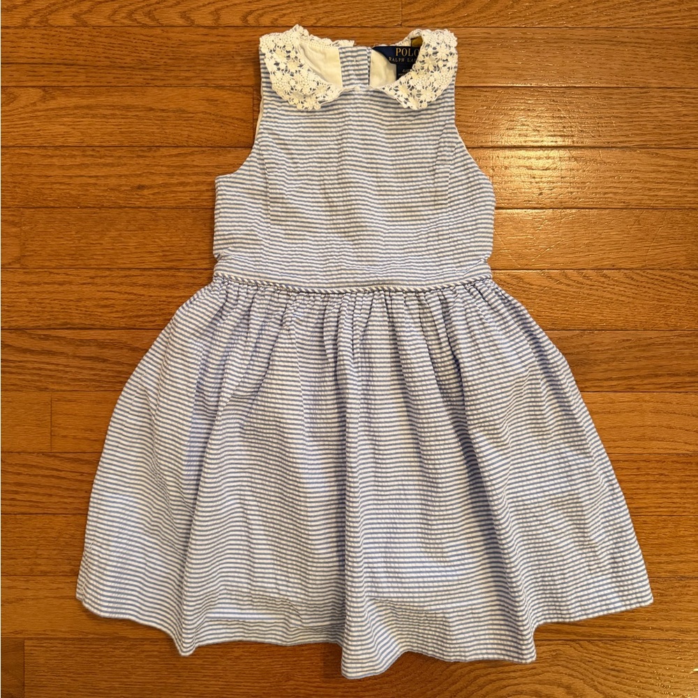 Polo Ralph Lauren Blue White Stripe Seersucker Lace Collar Dress